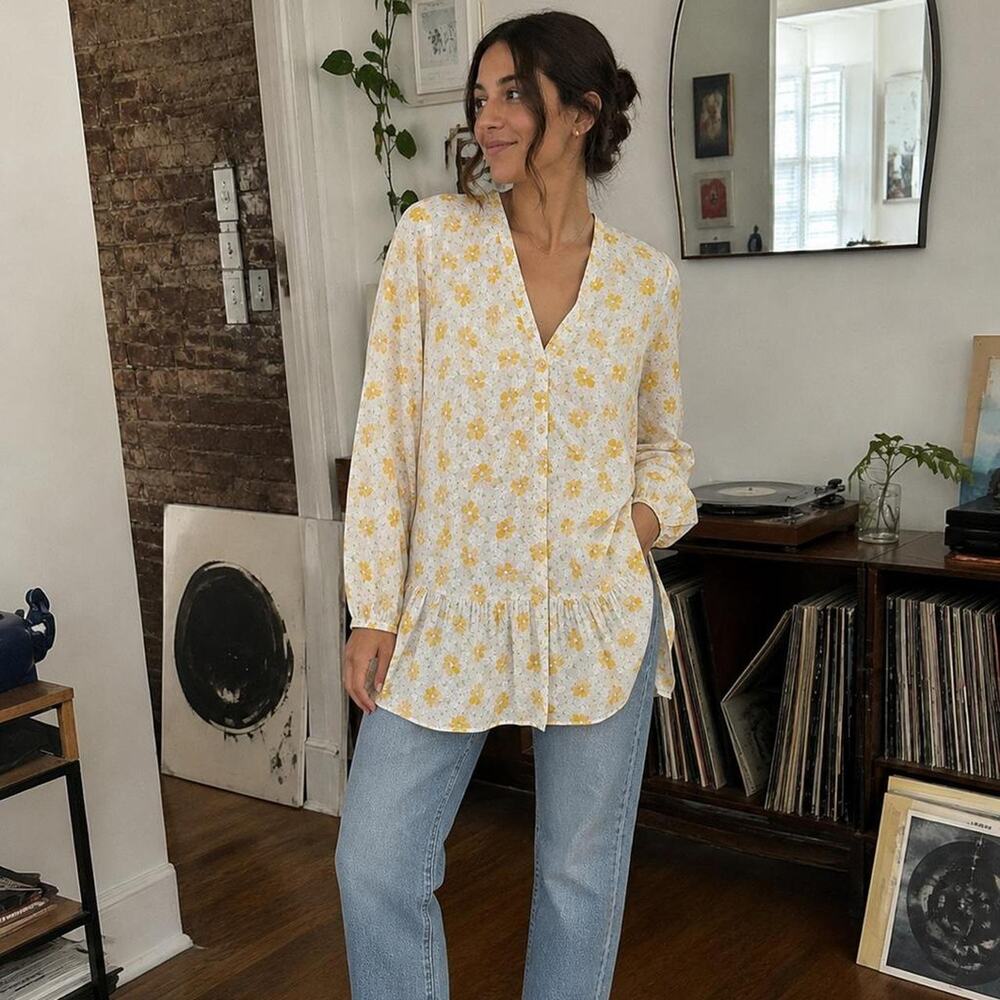 Acoté by Cotélac Silk Cotton Floral Ruffle Tunic Blouse 4